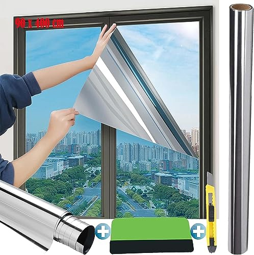 Fensterfolie, Hitzespiegel, 99 % UV-Schutz, Sonnenschutzfolie, Spiegelfolie, Privatsphäre, Sichtschutz, Sichtschutz, Fenster, Haus, Büro, Laden, Silber (90 x 400 cm)