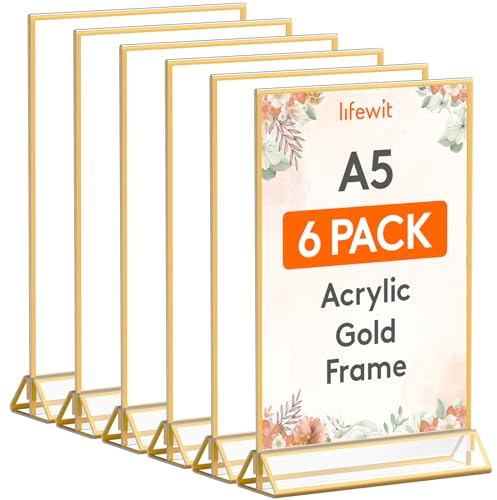Lifewit 6 Pack A5 Acryl Schildhalter mit goldenen Rändern, klare vertikale doppelseitige Stand, Kunststoff-Menü-Halter, Tischnummer Halter für Hochzeit, Party, Restaurant Dekor