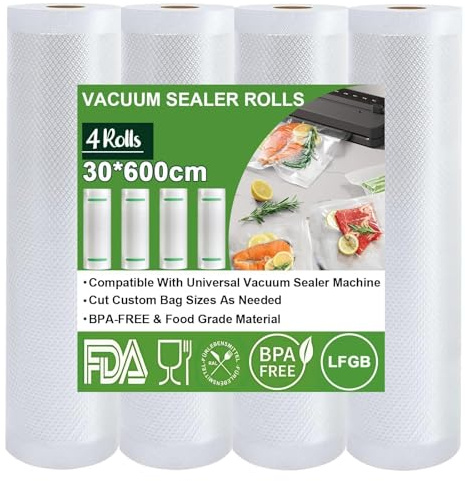 Omtofo Sacchetti Sottovuoto Alimenti, 30x600cm, 4 Rotoli, Buste Sottovuoto Alimenti Senza BPA, Rotolo Sottovuoto Alimenti Per Macchina Sottovuoto e Cottura Sous Vide