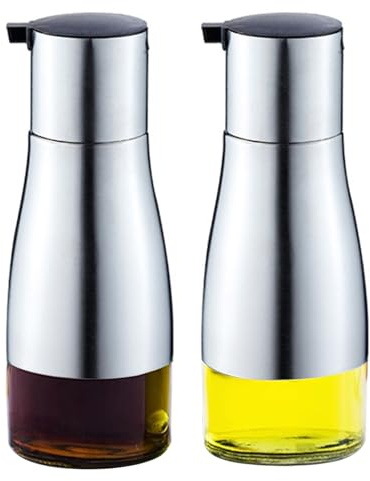 FEOOWV Juego de 2 botellas dispensadoras de aceite de oliva y vinagre de acero inoxidable elegante para cocina sin goteo (plata), 320ml