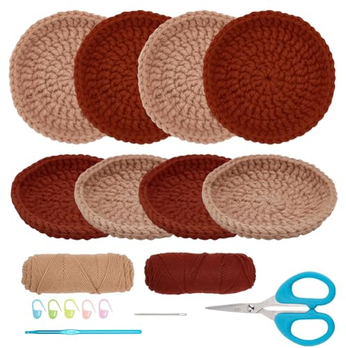 FREEBLOSS 8 Set DIY Häkel Untersetzer Set, Komplettes Starter Häkelset Mit Video Tutorials, Häkelset Für Anfänger, Boho Untersetzer Set Für Erwachsene, Strickzubehör
