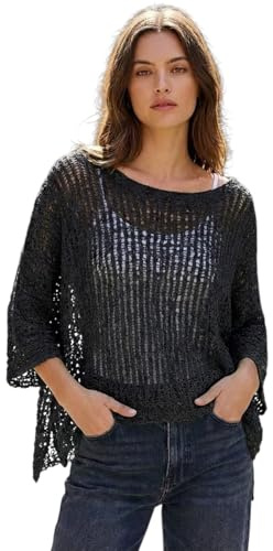 Alam Exclusive Women's Popcorn Top Crochet Oversized Knit Ladies Plain Batwing Boho Cover Up Summer Fish Net (UK, Numeric, 8, 18, Regular, Regular, Black)