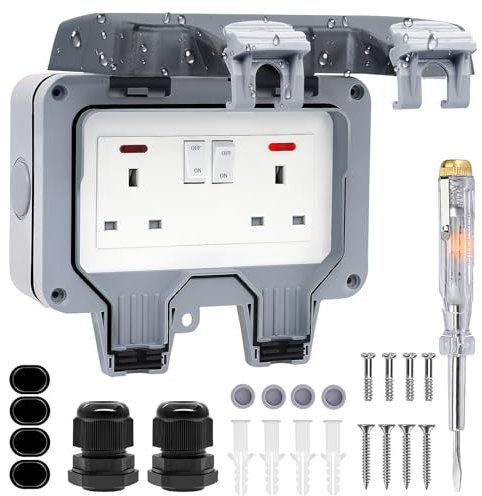 Double Outdoor Socket Waterproof Outside Plug Socket Weatherproof IP66 Wall Electrical Outlet 13Amp 2Gang Storm Switched Power Socket
