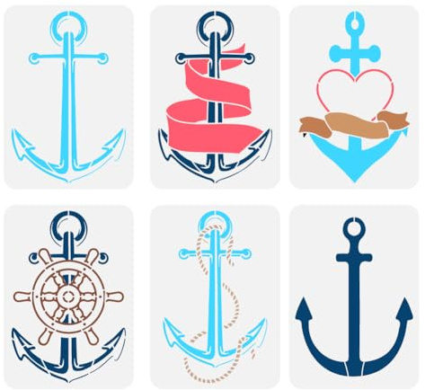 FINGERINSPIRE 6 Stück Anker Malschablone 29.7x21 cm Wiederverwendbar 6 Stile Anker Ruder Liebe Zeichnungsvorlage DIY Sommer Nautisches Thema Dekor Schablone Zum Malen Auf Holz Wand Stoff Möbeln
