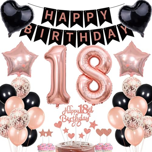 Déco 18e anniversaire fille Rosegold Noir Ensemble de décoration pour gâteau d'anniversaire 18 ans fille garçon avec bannière Décoration cadeau 18e anniversaire Ballons 18 ans Décoration anniversaire