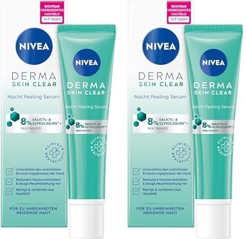 NIVEA Derma Skin Clear Nacht Peeling Serum (40 ml), Anti Pickel Serum für ein sichtbar verbessertes Hautbild, reinigendes und hautbildverfeinerndes BHA & AHA Peeling mit Niacinamid (Packung mit 2)