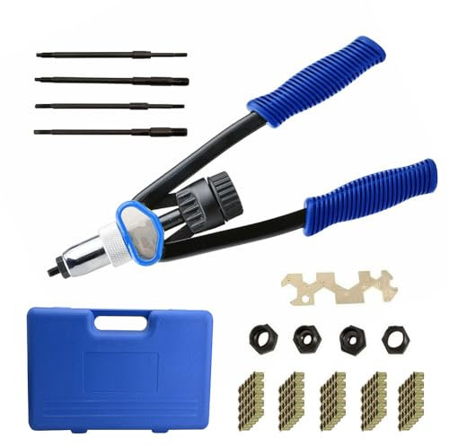 Nietmutternzange, 335mm Nietzange Set, Nietmutter Zange Werkzeug inkl. 150 Nietmuttern M5 M6 M8 M10 M12 Austauschbare Nietdorne und Koffer, Handmutternpistolen für Automobile und Möbel