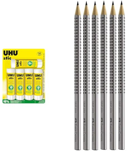 UHU Stic, Der Bewährte Klebestift - Klebt Stark, Schnell und dauerhaft, 5 x 40 g & Faber-Castell 117697-6 Bleistifte GRIP 2001, Härtegrad: HB, Schaftfarbe: silber