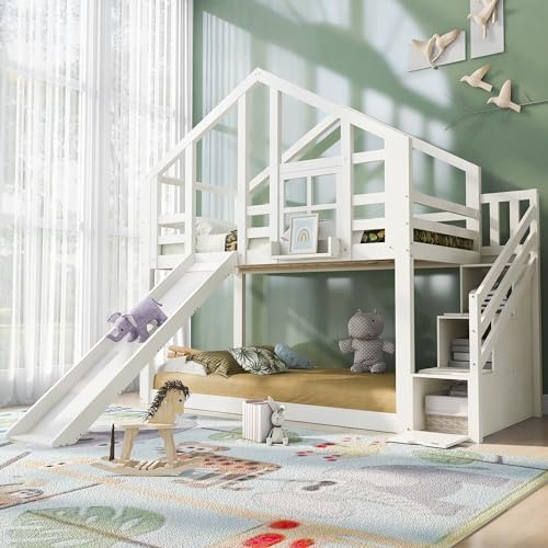 Kinderbett Etagenbett 90x200 für 2 Kinder, Hausbett Baumhaus Bett mit Rutsche und Stauraum Treppe, Hochbett mit Rausfallschutz und Lattenrost, Holz Bettgestell Stockbett Jugendbett Spielbett, Weiß