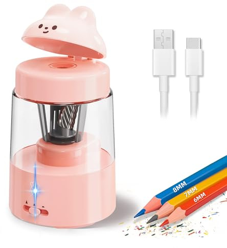 ZMOL Colored Pencil Sharpener for Kids Gift, Rechargeable Electric Pencil Sharpener, Auto Stop, Pencil Sharpeners for Battery Powered Cute No.2/Colored Pencils (6-8mm), Classroom/Office/Home (Pink)