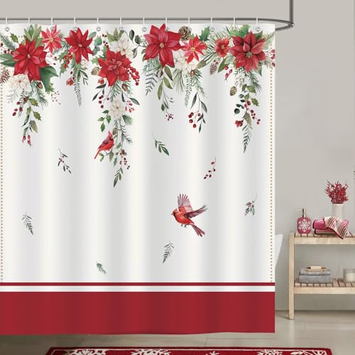 Bonhause Tenda Doccia Fiore Stella di Natale Natalizi Cardinale Poinsettia Rosso Tende per Doccia in Poliestere Impermeabile Antimuffa Lavabile Tende Bagno 180 x 180 cm con 12 Ganci