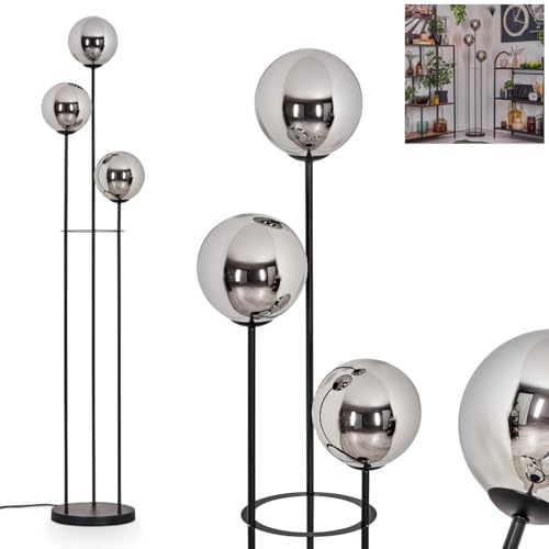 HOFSTEIN Stehleuchte Gastor, Stehlampe aus Metall/Glas in Schwarz/Chrom/Rauch, moderne Leuchte im Retro/Vintage-Design Ø 15 cm, Fußschalter, 148,5 cm, E14, Wohnzimmer, Schlafzimmer, Flur