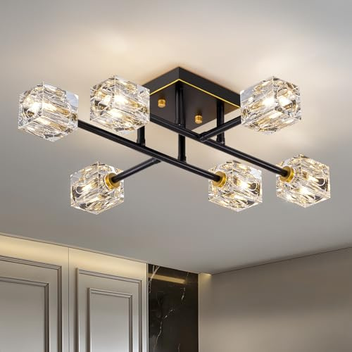 JUJUQI Moderne Schwarze Kristall Deckenleuchte Sputnik Kronleuchter, 6-Lichter Design, Luxus K9 Kristall Kronleuchter für Schlafzimmer Esszimme Flur