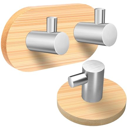 Jesustree 2 Stück Niboken Haken Selbstklebend, Holz Handtuchhaken 304 Edelstahl & Bambus, Ohne Bohren Wandhaken Wasserfeste Klebehaken Wand für Badezimmer Küche Toilette