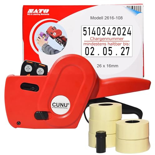 CUNU - Auszeichner 2-zeilig für mindestens haltbar bis und Chargennummer - MHD Handauszeichner zweizeilig - Etikettierer für 26x16mm, 25x16mm Etiketten - Auszeichnungsgerät für Datum und Nummern