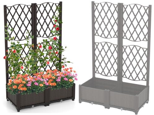 HOMASIS Jardinera enrejada de Exterior, Jardinera con Pedestal y Agujeros de Drenaje, Arriate Elevado para Plantas trepadoras, Cama elevada para Suelo, Patio y jardín, Marrón (Marrón, 80x40x122cm)