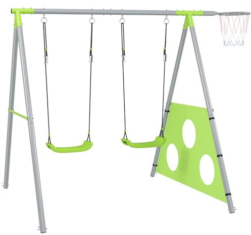 AIYAPLAY 3 in 1 Schaukelgestell Outdoor Schaukelgerüst mit 2 Schaukeln, Basketballkorb, Fußballtor, Doppelschaukel Kinderschaukel mit Metallgestell, Gartenschaukel für Kinder