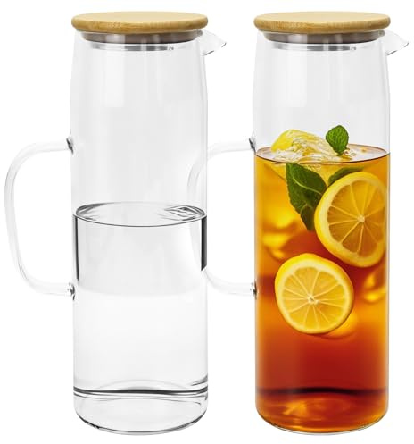 1500ml Glass Water Pitcher with Lid for Hot and Cold Drinks,2 Pack | Hot and Cold Beverages Clear Glass Water Pitcher, Easy Clean Borosilicate Glass Jugs for Tea Cafe Lemonade Milk