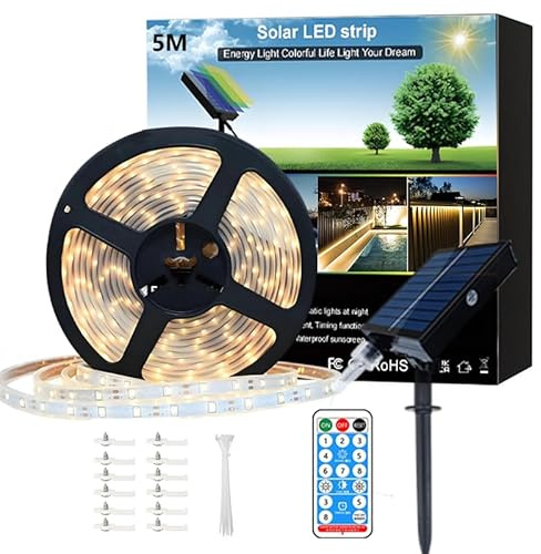 Meewata Solar Strip Lights Outdoor Waterproof, 5M 300 LEDs Dimmable Garden Lights with Remote Control & 8 Modes Cuttable LED Light Strips for Patio, Balcony, Decking Decor Warm White