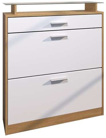 Vladon Schuhschrank Loret, Schuhkipper für 16 Paar Schuhe mit 1 Schublade, Schuhregal in Eiche Skandi/Weiß matt (89 x 104 x 23 cm)