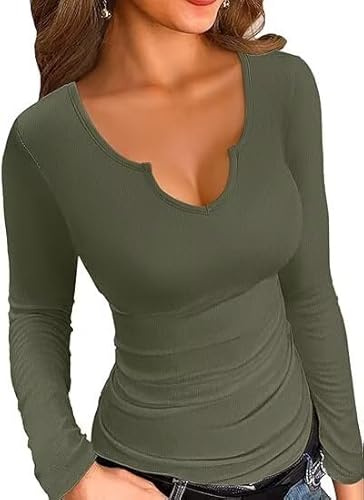 VICHYIE Maglietta Estiva da Donna, Casual, a Maniche Corte, a Coste, Sexy, Scollo a V, Militare Verde, M