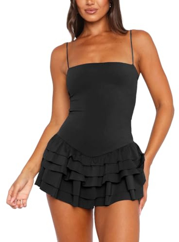 AOWVUTS Vestito Donna Corto Sexy Mini Abito Senza Maniche Spaghetti Strap Vestiti da Sera Aderente Senza Schienale Elegante Abiti A Line Bodycon con Orlo Volant per Discoteca Party Cocktail