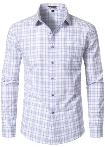 PARKLEES Chemise légère à carreaux pour homme, coupe ajustée, à carreaux, chemise boutonnée à manches longues avec poche