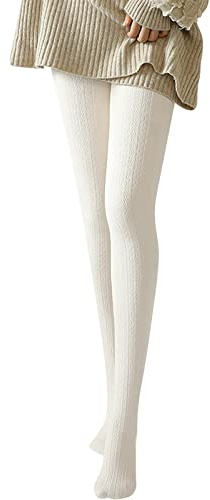 Generisch Damen Thermo-Leggings Winter Strick Strumpfhosen Beinlinge wärmende Baumwolle High Waist Komfort (White, One Size)