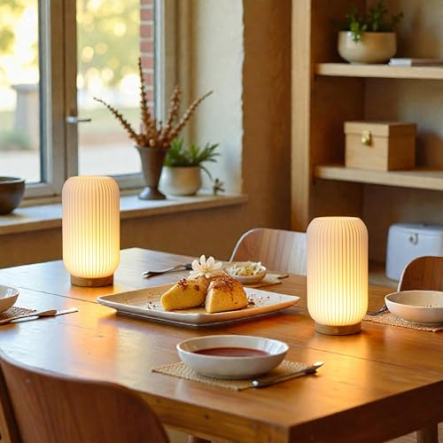 JHY DESIGN 23,5 cm hög 3-färgs ljuskälla, dimbara sänglampor, set med 2 uppladdningsbara knappkontrolllampor, 3D-tryckta nattduksbordslampor med träbas för sovrum (vit, typ-C-laddning)