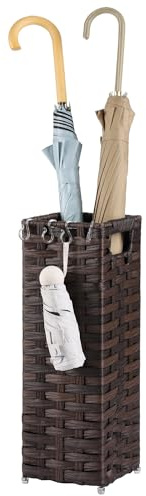 WAOHANAZ Rattan Umbrella Stand, Umbrella Holder for Entryway, Hand Woven Umbrella Rack Organizer Freestanding, with a Detachable Drip Tray, 4 Hooks, 6.5 L x 6.5 W x 16.5 H, Brown