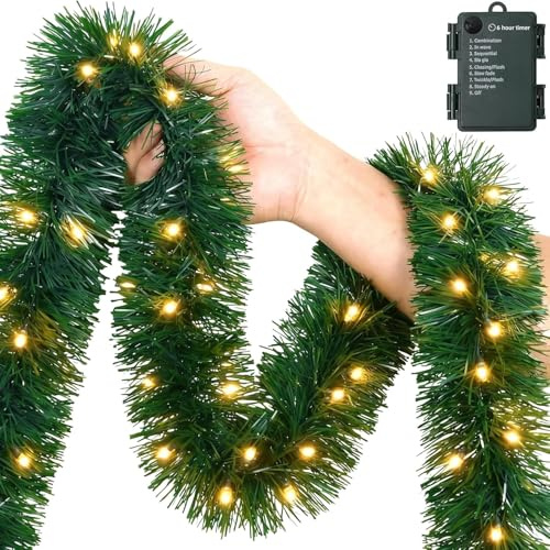 Weihnachtsgirlande mit Beleuchtung,6M LED Girlande Weihnachten,LED Tannengirlande Batteriebetrieben,Weihnachtsdeko Girlande,Weihnachtsgirlande,Vorbeleuchteter Künstlicher weihnachtsgirlande