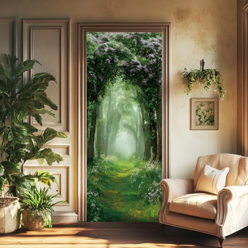 arricraft 2 calcomanías autoadhesivas para puerta, 31.5 x 78.7 pulgadas, 3D con patrón de flores de bosque verde, murales de puerta, calcomanías de PVC para puertas, papel pintado extraíble