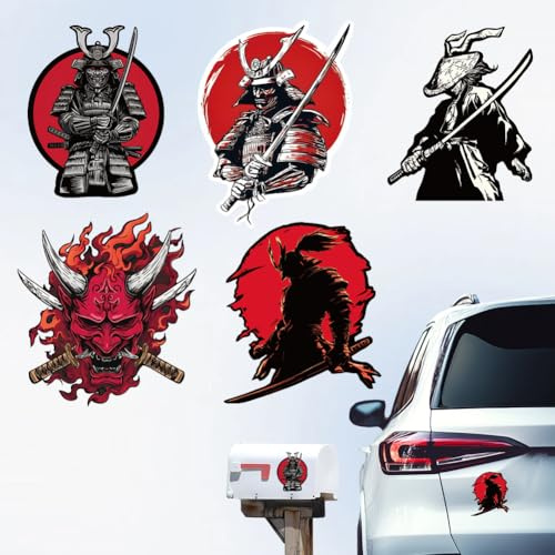 Hobbspring 5 Stück Samurai Krieger Aufkleber Plastik Reflektierend Japanisch Bushido Folien Wasserdicht Japanische Kriegergeist Klebefolien Für Fahrzeugdekoration Autofenster Laptop Stoßstange