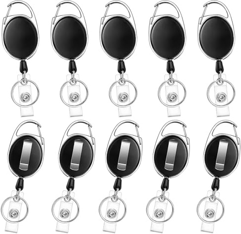 10er Set Ausziehbarer Schlüsselhalter, 63cm Verlängerbares Schlüsselband mit Gürtelclip und Schlüsselring, Ausweishalter für Schlüssel, Dienstausweis und Zugangskarten (Schwarz)