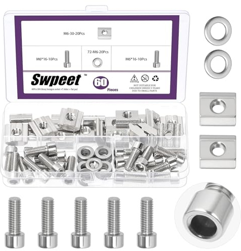 Swpeet 60Pcs M6 en acier inoxydable écrous à fente en T avec Allen vis boulons et rondelles plates Kit d'assortiment, série 3030 blocs à fente Set, écrou à fente en T de type B, écrous coulissants