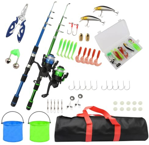 Guiwuiyu Angelset für Kinder, 2 Stück 1.8m Teleskop Angelruten mit Angelrolle, Köder und Tragetasche, Kinderangel Starter Set für 3-10 Jahren Jungen Mädchen