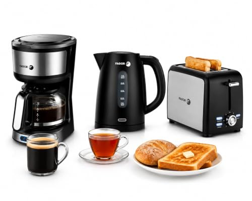 Set Desayuno Completo 3 en 1 con Cafetera de Goteo 0,6L, Hervidor Eléctrico 1L y Tostador de 2 Ranuras, Diseño Negro, Apagado Automático, Ideal para Hogar y Regalo- FAGOR Breakfast Collection Noir