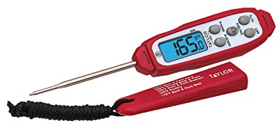 Taylor Digital Instant Read Meat Thermometer for GLP-1 High Protein Meal Prep – Waterproof Kitchen Probe for Chicken, Steak, Lean Cuts, Grill, BBQ – Fast Temperature Check, Blue Backlight Display, Red
