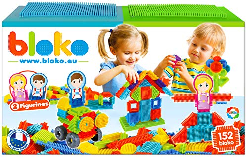 BLOKO – Coffret de 150 avec 2 Plaques de Jeu et 2 Figurines Famille – Dès 12 Mois – Fabriqué en Europe – Jouet de Construction 1er âge – 503625