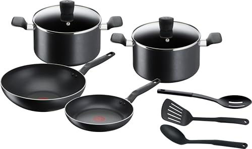 Tefal Batterie de cuisine 9 pièces, Poêle 24 cm + Wok 28 cm + Faitouts 22/24 cm + ustensiles, Pas d’induction, Revêtement antiadhésif, Poignée ergonomique, Super Cook B459S984