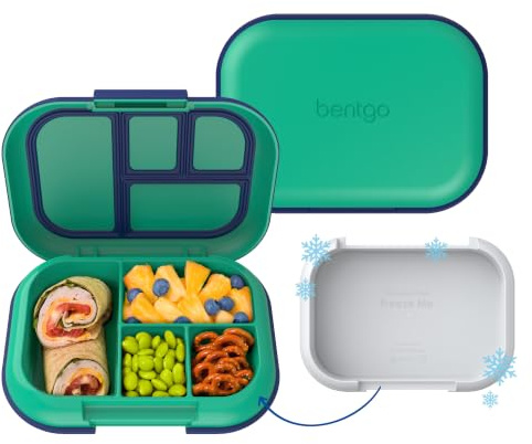 Bentgo Chill Kids Leak-Proof Lunch Box - 4-Compartment Bento Box with Built-In Ice Pack, 3.3 Cup Capacity, PFAS & BPA-Free, Microwave & Dishwasher Safe, Ideal Size for Ages 3 to 7 (Green/Navy)