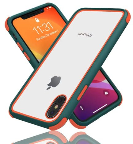 MobNano Ultra Hybrid Durchsichtig Hülle für iPhone X Hülle, iPhone XS Hülle, iPhone 10 Hülle Stoßfest Bumper Transparent Handyhülle Shockproof Fallschutz Silicone iPhone XS X Case - Grün/Orange