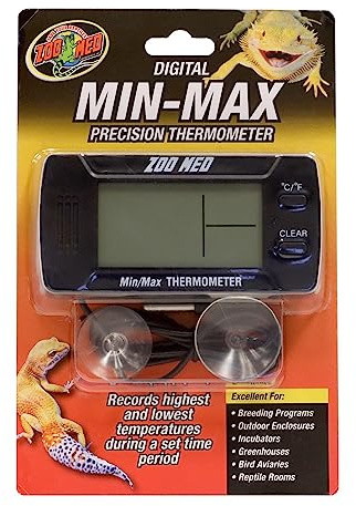 Zoo Med Digital Thermometer min/max - Termometro digitale per terrari, acquari, rettilari e incubatrici, secco e bagnato, alta precisione da -23 a 60 °C, con sonda termica da 1 metro