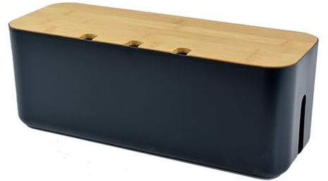 Cable Management Box Cord Organizer, Large Cable Tidy Box with Air Vent, Hide and Conceal Extension Blocks and Electrical Cables,Safe ABS Material, Wood Lid,36 x 13.5 x 13 cm (Black L)
