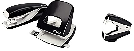 Leitz Büro Heftgerät und Locher-Set, Für 30 Blatt, Ergonomische Design, Schwarz, NeXXt-Serie, 50950095 & Rapid Entklammerer C2 (Metall) schwarz