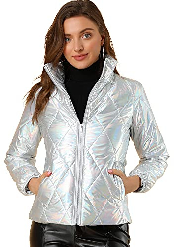Allegra K Damen Weihnachten Puffer Jacke Holographic Shiny Metallic Jacke, silber, M