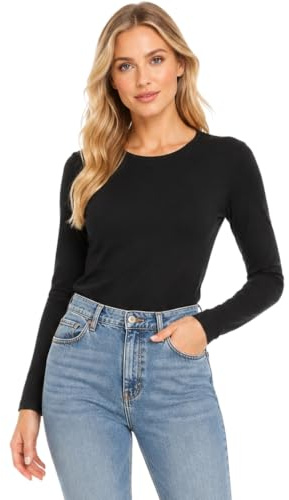 STAR FASHION Women Ladies Long Sleeve Round Neck Plain Top Stretchy Casual T Shirts Basic Slim fit Tee Tops UK Size 8-26