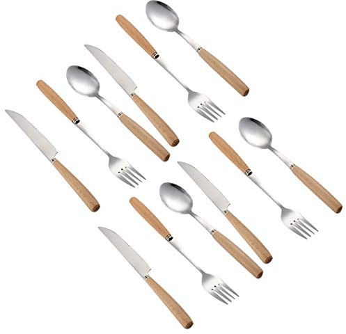 Zeafree Set di Posate da 12 Pezzi, Set di Posate nel Acciaio Inossidabile nel Legno Set di Posate con Manico nel Legno Coltello, Forchetta, Cucchiaio, Set, Stoviglie