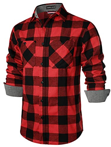 PARKLEES Chemise classique élégante à coupe droite décontractée à manches longues boutonnée à carreaux en polaire avec poche pour homme, rouge/noir, XXL