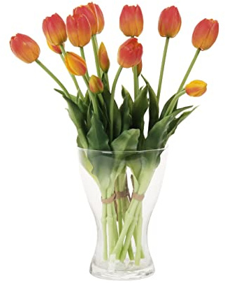cn-Knight 20 st konstgjorda tulpanblommor, 40 cm Real Touch tulpanstjälkar med falska blad, falska tulpaner och knoppar för heminredning bordsuppsats prydnad bröllopsbukett, orange